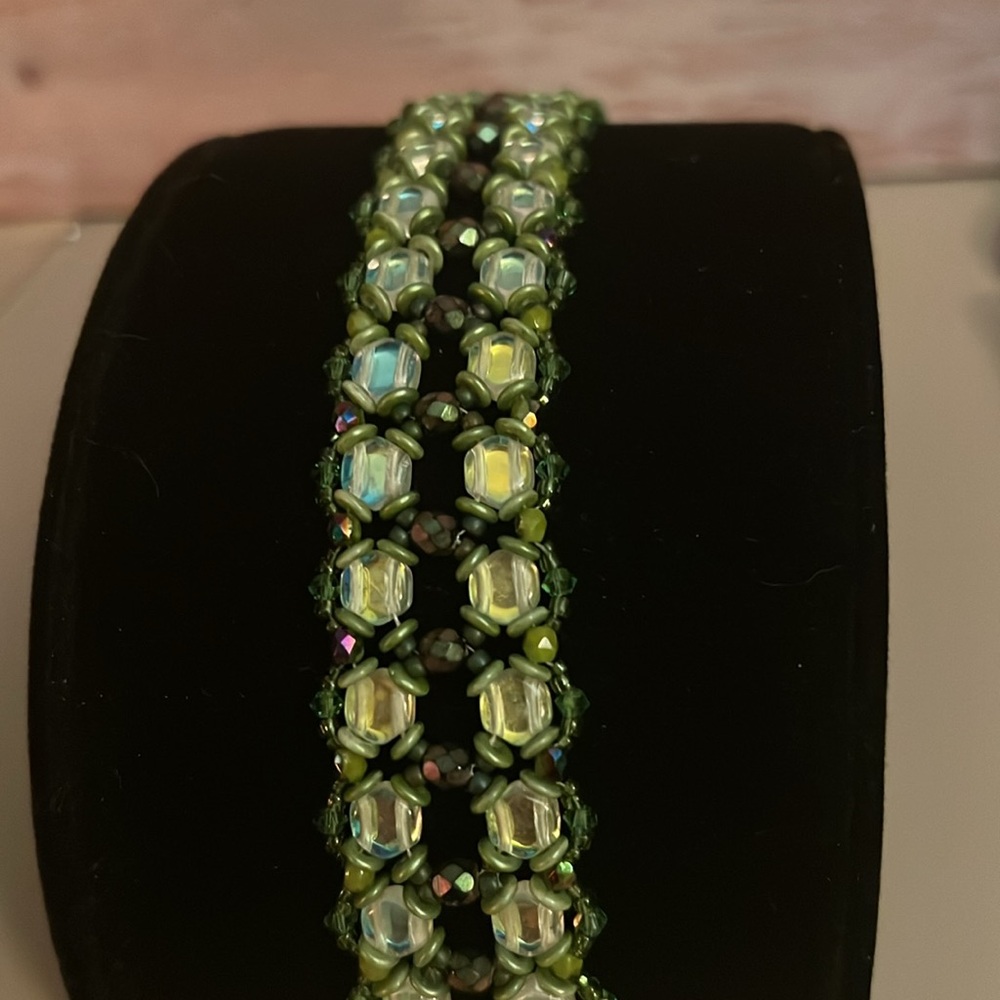Handmade Green Beaded Bracelet With Iridescent Beads